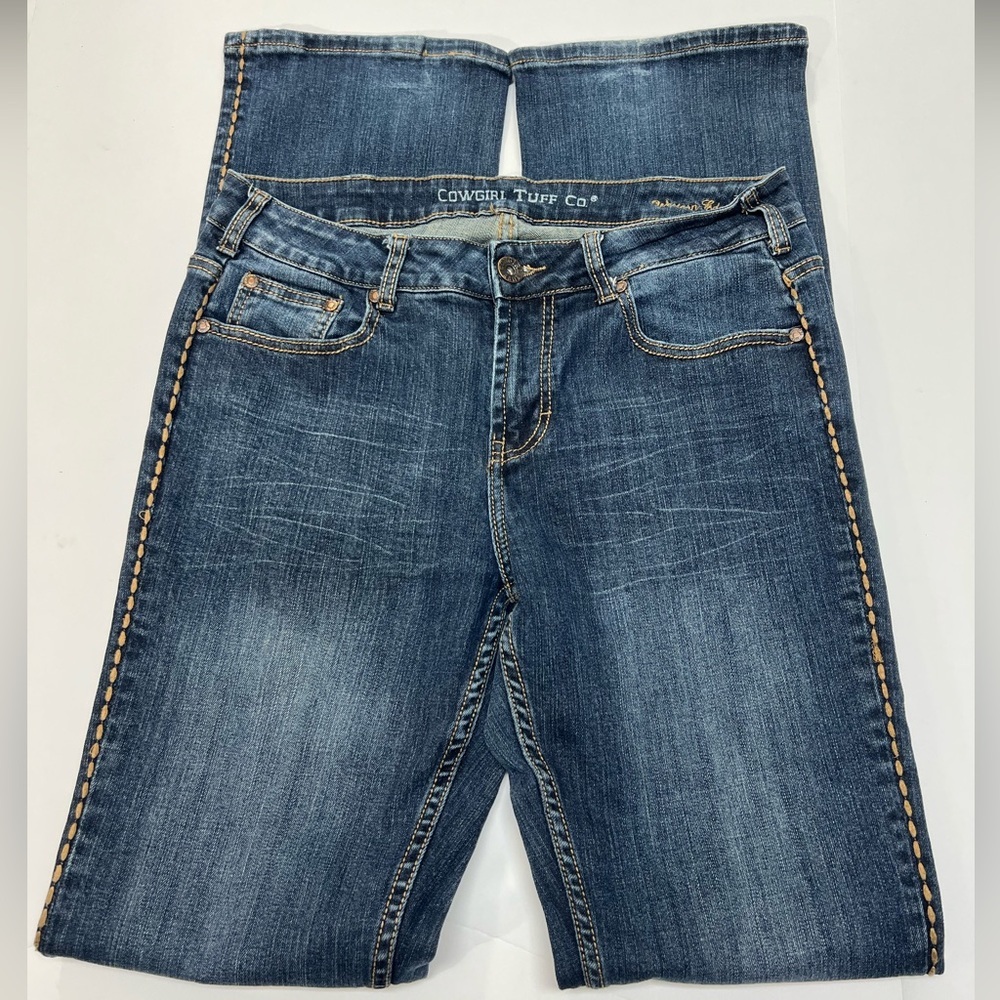 Cowgirl Tuff Western Edge Dark Blue Jeans Womens size 30 X 35 Brown Stitching - Picture 5 of 14
